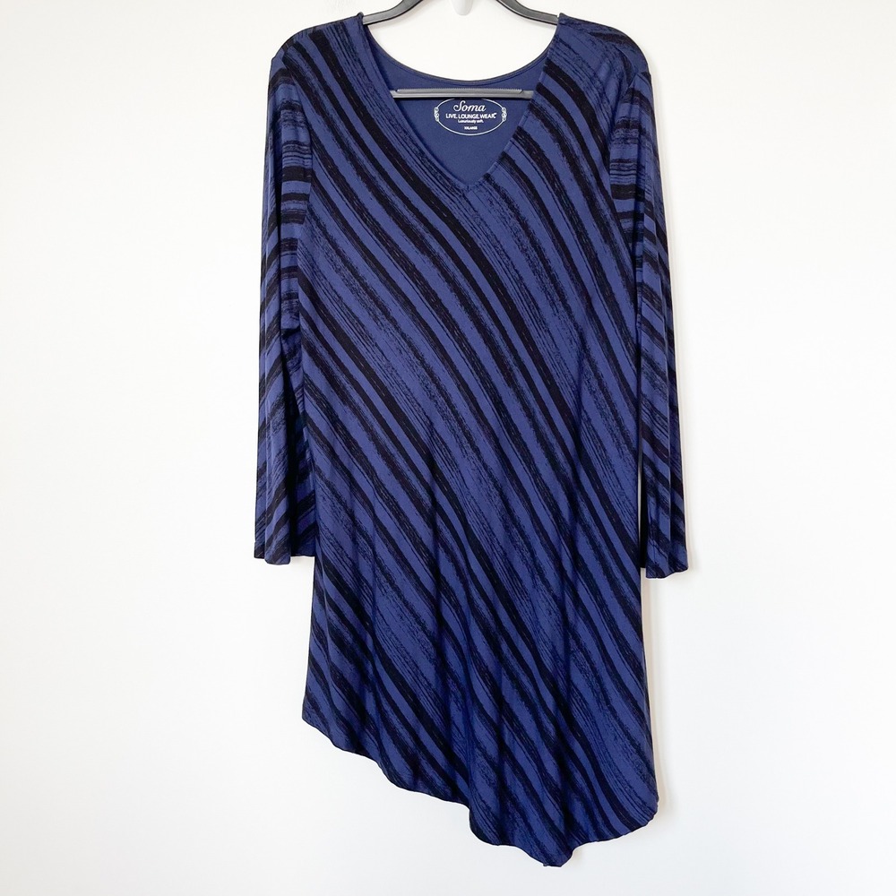 Soma V-Neck Striped Asymmetric Hem Nightgown Sleep Shirt Navy Black Womens XXL